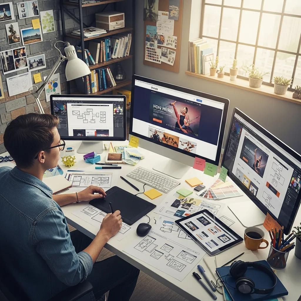 Web designer creating modern website layouts with sketches and digital tools