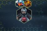 A futuristic robot holding a red sphere is shown in a hexagon at the center. Above it, two hexagons display a robotic hand holding a glowing network and a hand touching a digital interface. Hexagonal grid background.