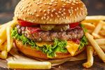 A cheeseburger with lettuce, tomato, pickles, and a beef patty in a sesame seed bun is served with a side of golden french fries on a wooden surface.