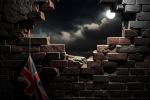 A full moon shines through a large hole in a brick wall at night. Cloudy sky is visible outside, and a tattered British flag hangs from the broken wall.