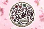 Logo for Bloom & Bubbles 5K at Renault Winery, Egg Harbor City, NJ, with floral designs on a pink background decorated with soft cherry blossom petals.