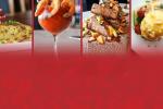 A collage of gourmet dishes, including pasta, shrimp cocktail, steak with fries, and a plate with mashed potatoes, all partially obscured by a red overlay at the bottom.