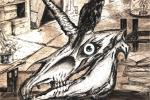 A detailed black-and-white drawing of an animal skull, possibly a goat or cow, with long horns. The skull is set against a cluttered background featuring various objects and furniture, rendered in sketchy lines.