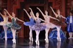 Six ballerinas in colorful tutus perform on stage, standing en pointe with one arm raised, against an ornate backdrop. A male performer in blue stands at the far right.