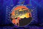 A logo for “Americana” shows a sunset with a horse, city skyline, and mountains, with text above reading “The Main Theater 2024.” The background has blue stage lights and faint silhouettes of guitars.
