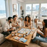 Friends playing games in an Atlantic City beach house with cannabis products