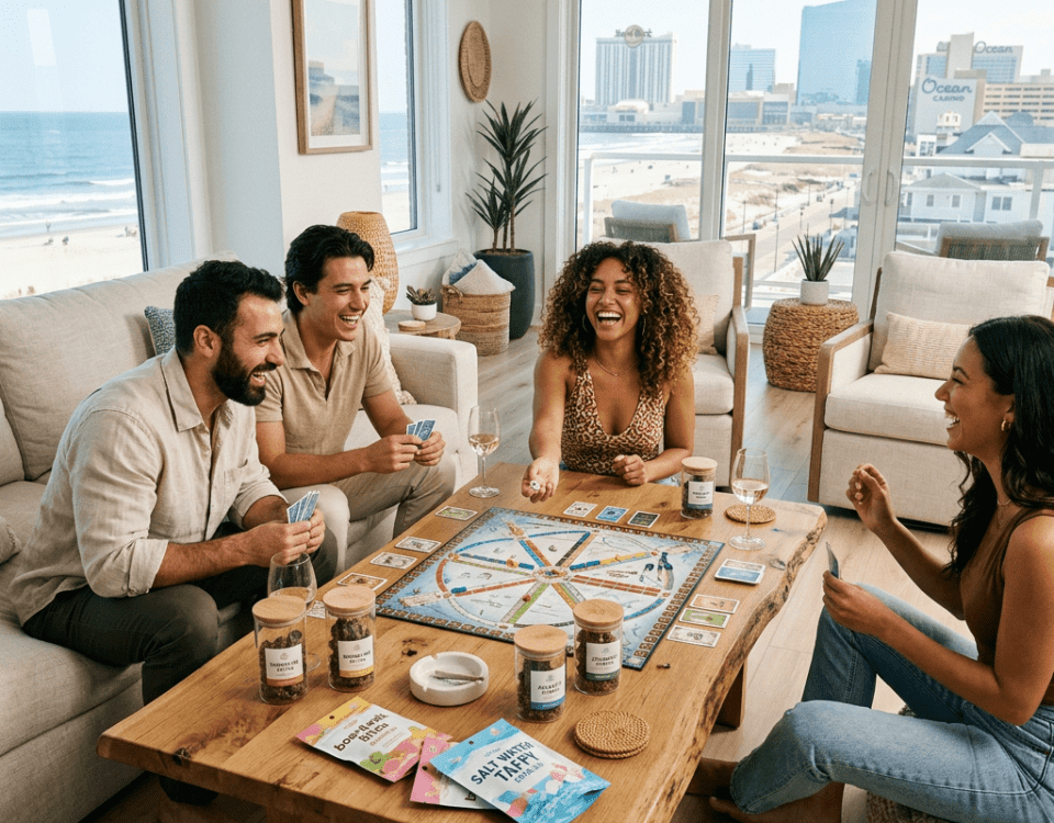 Friends playing games in an Atlantic City beach house with cannabis products