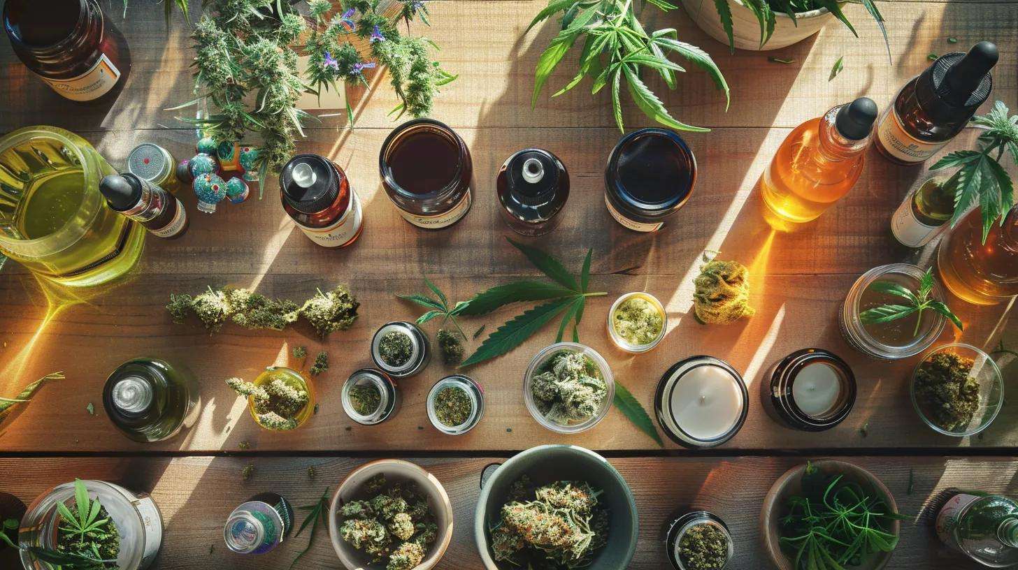 Variety of cannabis products including flower, edibles, and concentrates displayed on a wooden table