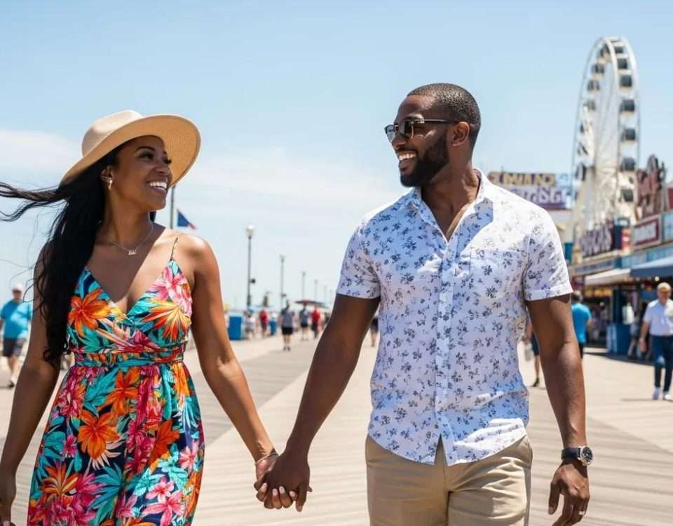 sexy couple of Color enjoying summer fun on the Atlantic City Boardwalk promenade